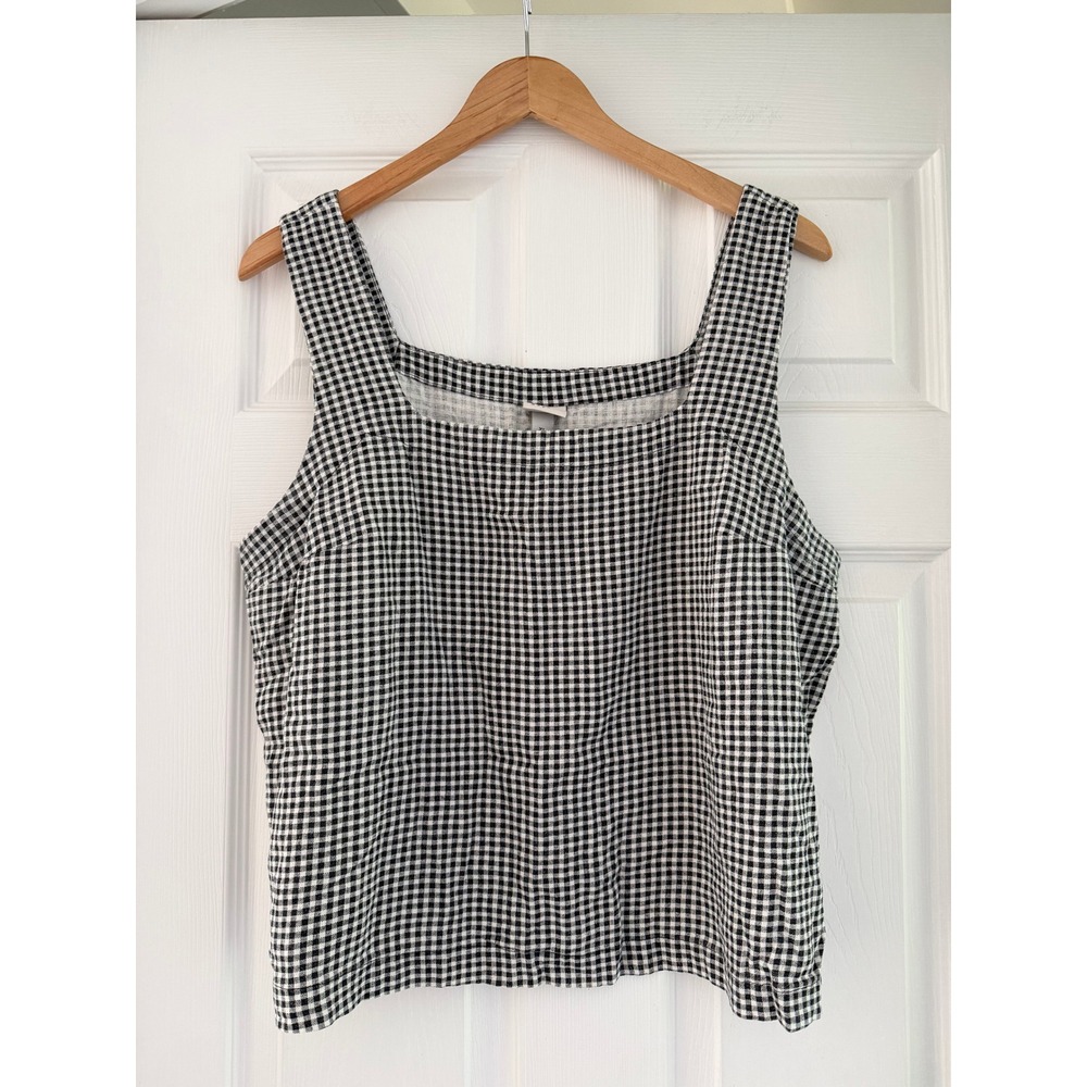 Womens Gingham Linen Blend Sleeveless Tank Blouse Cottage Neutral Preppy